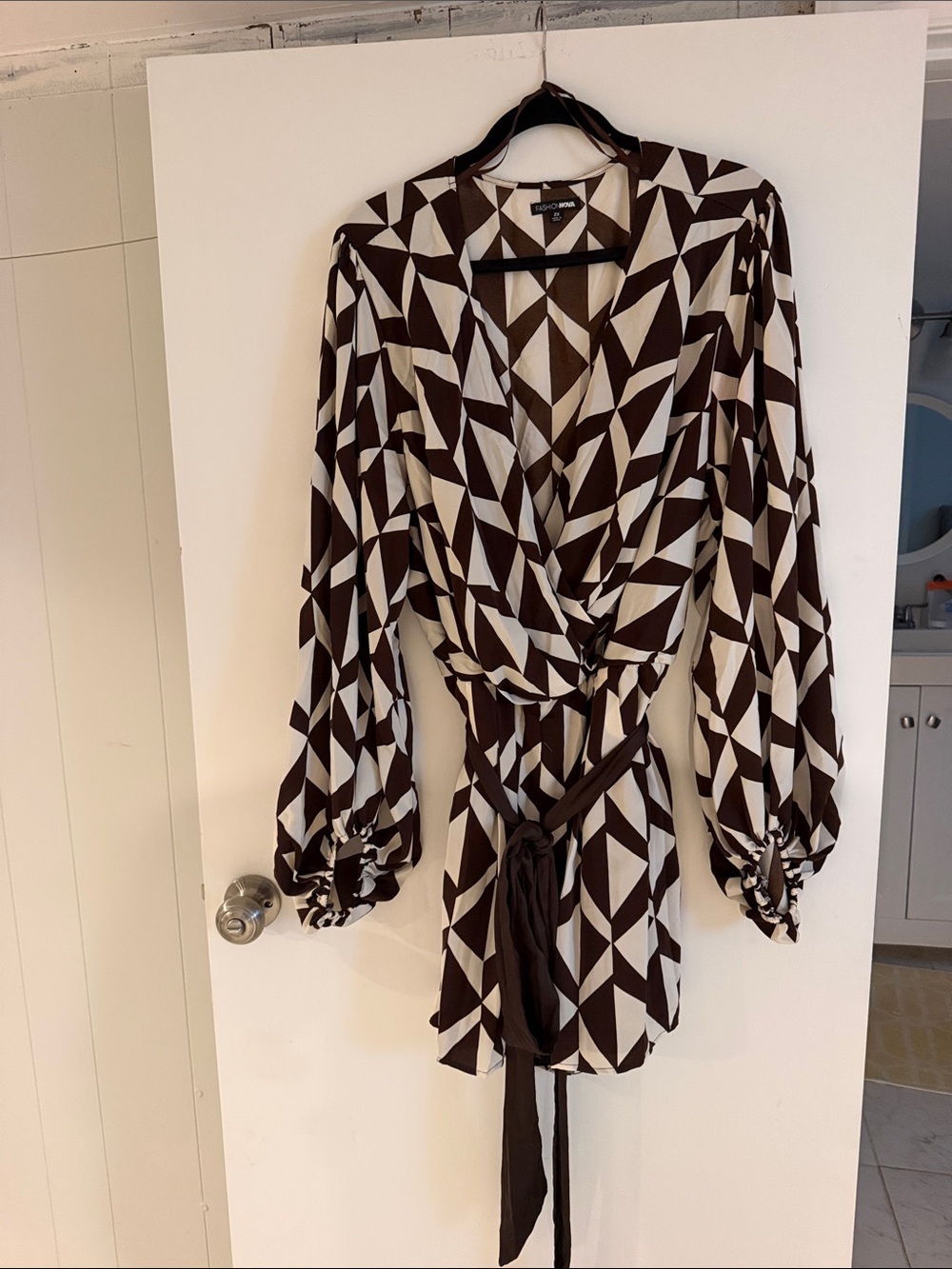 Fashion Nova Brown & White Geometric Wrap Romper with Tie